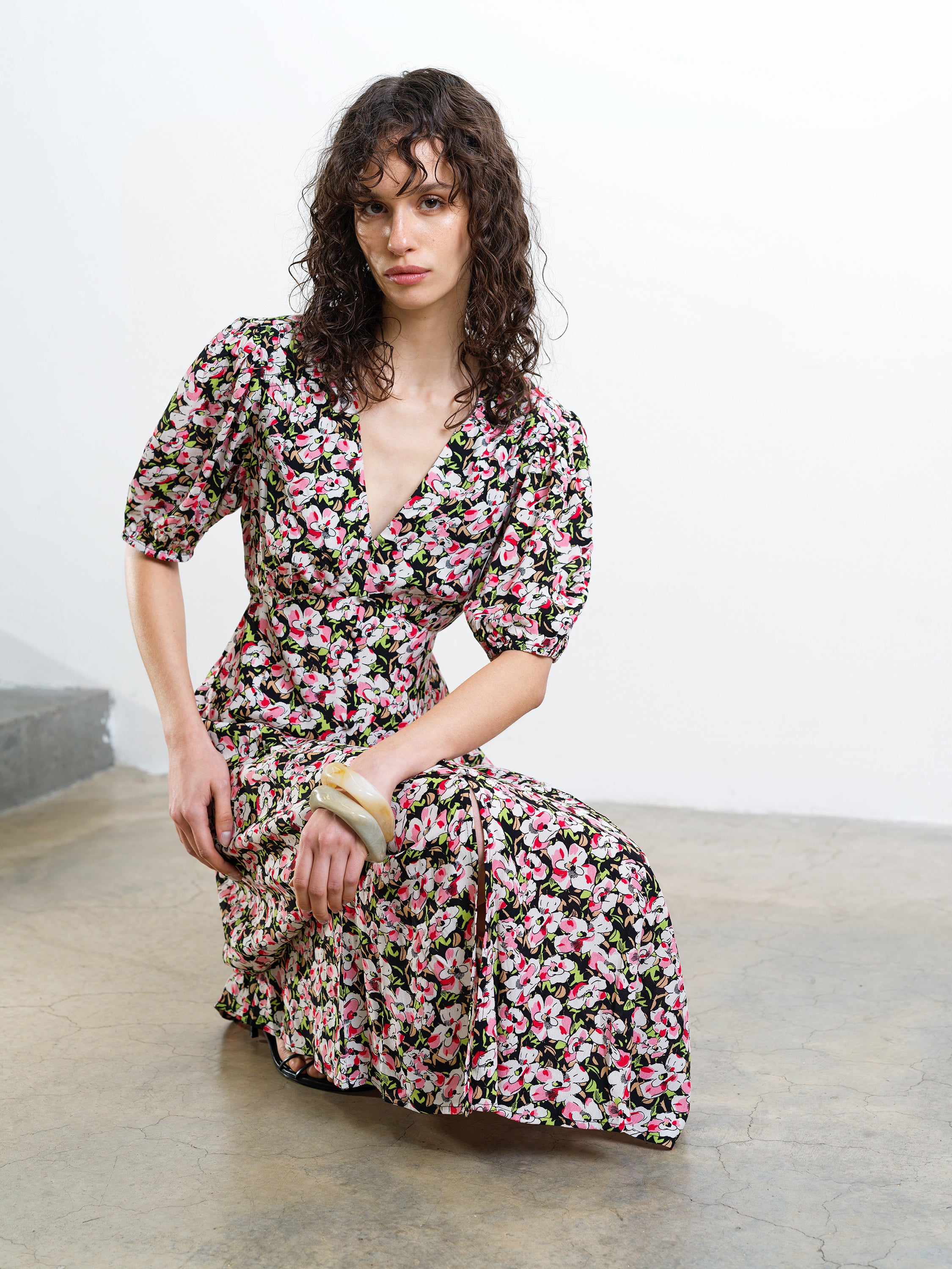 Molly Lizzie Eco Puff Sleeve Tea Dress Multi Floral Print