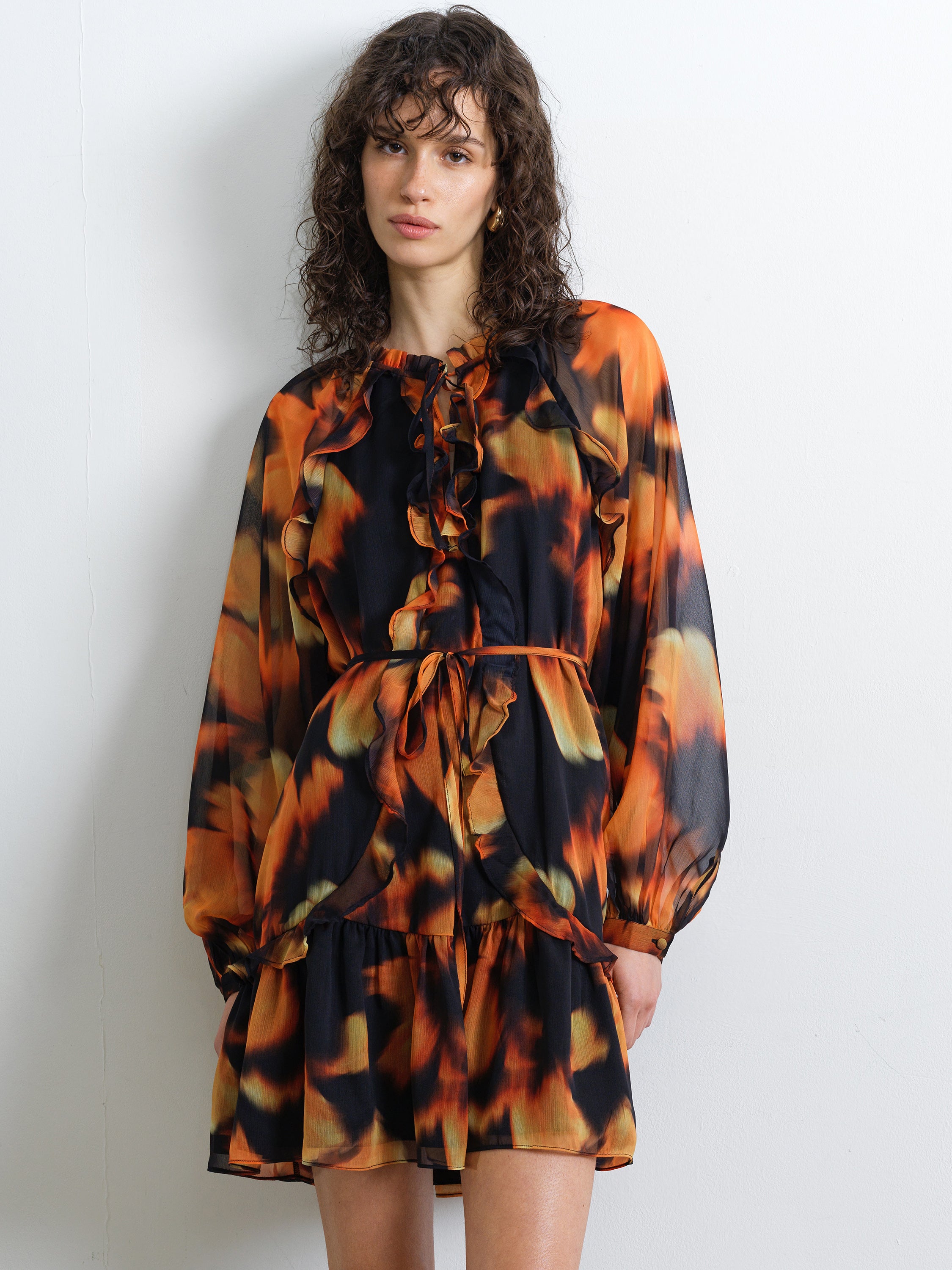 Chiffon Ruffle Orange Abstract Print Mini Smock Dress Orange/Black Multi | French Connection UK Chiffon Ruffle Orange Abstract Print Mini Smock Dress Orange/Black Multi | French Connection UK