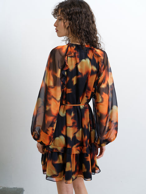 Chiffon Ruffle Orange Abstract Print Mini Smock Dress