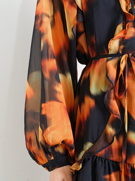 Chiffon Ruffle Orange Abstract Print Mini Smock Dress