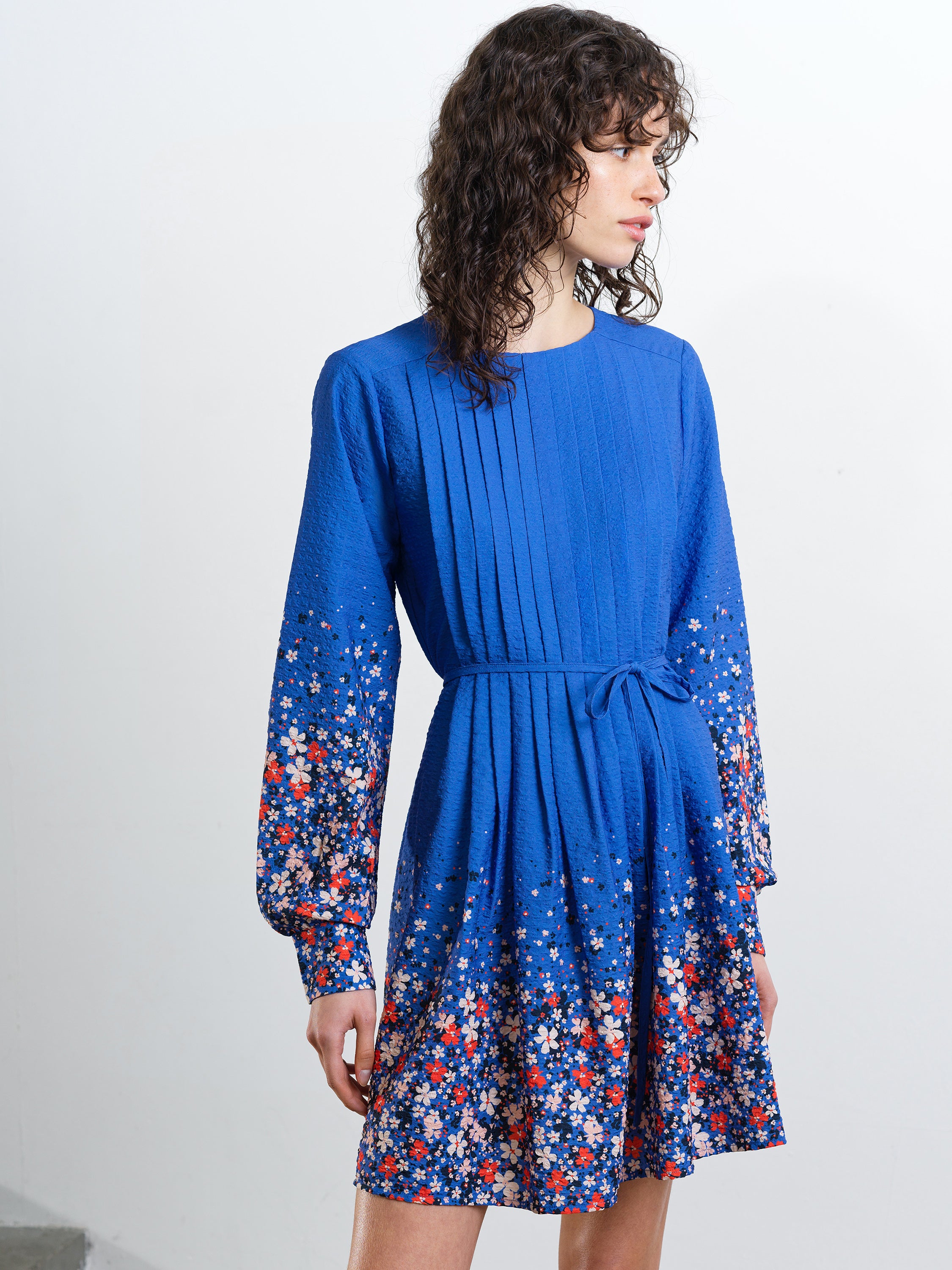 mini smock dress Lucy Pintuck Belted Blue Floral Mini Smock Dress Blue Multi