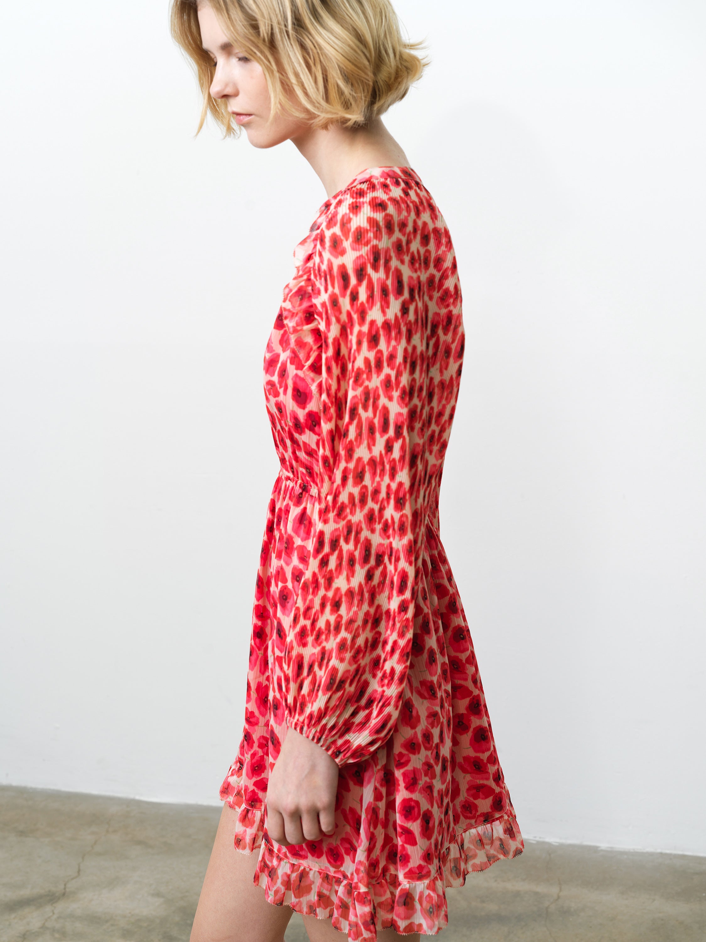 red poppy dress Poppy Pleated Puff Sleeve Red Floral Mini Dress Red Multi Floral Print