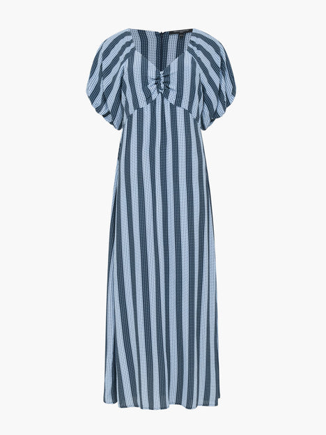 Spot Eco Puff Sleeve Blue Striped Midi Dress