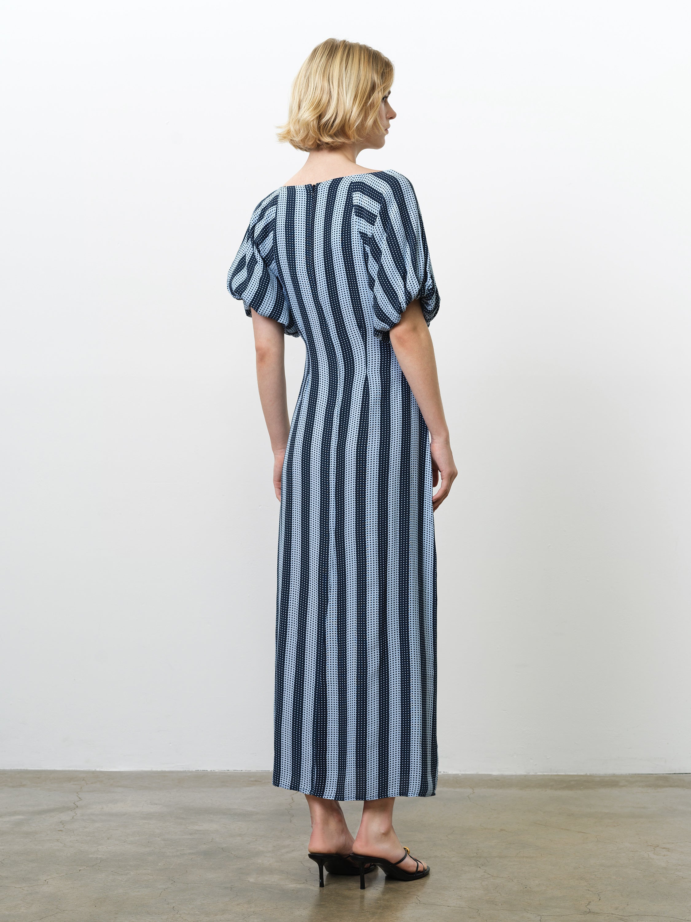 Fran Eco Lizzie Puff Sleeve Midi Dress Blue Stripe Spot | French Connection  UK
