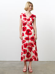 Poppy Eco Front Twist Red Floral Midi Dress
