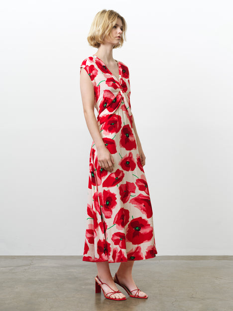 Poppy Eco Front Twist Red Floral Midi Dress