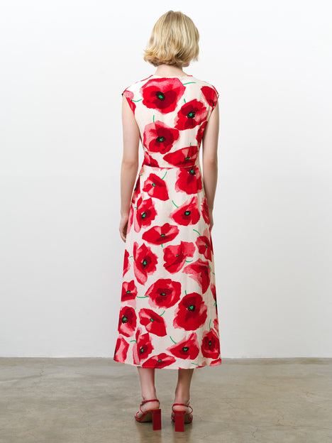 Poppy Eco Front Twist Red Floral Midi Dress