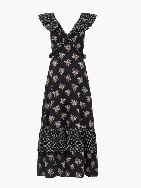 Millie Cotton Ruffle Floral Spot Printed Maxi Dress