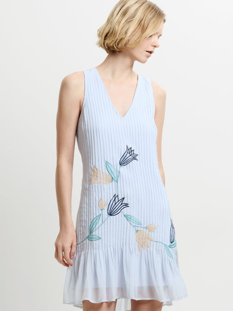 Larina Pleated Floral Applique Blue Mini Dress