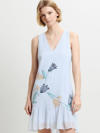 Larina Pleated Floral Applique Blue Mini Dress
