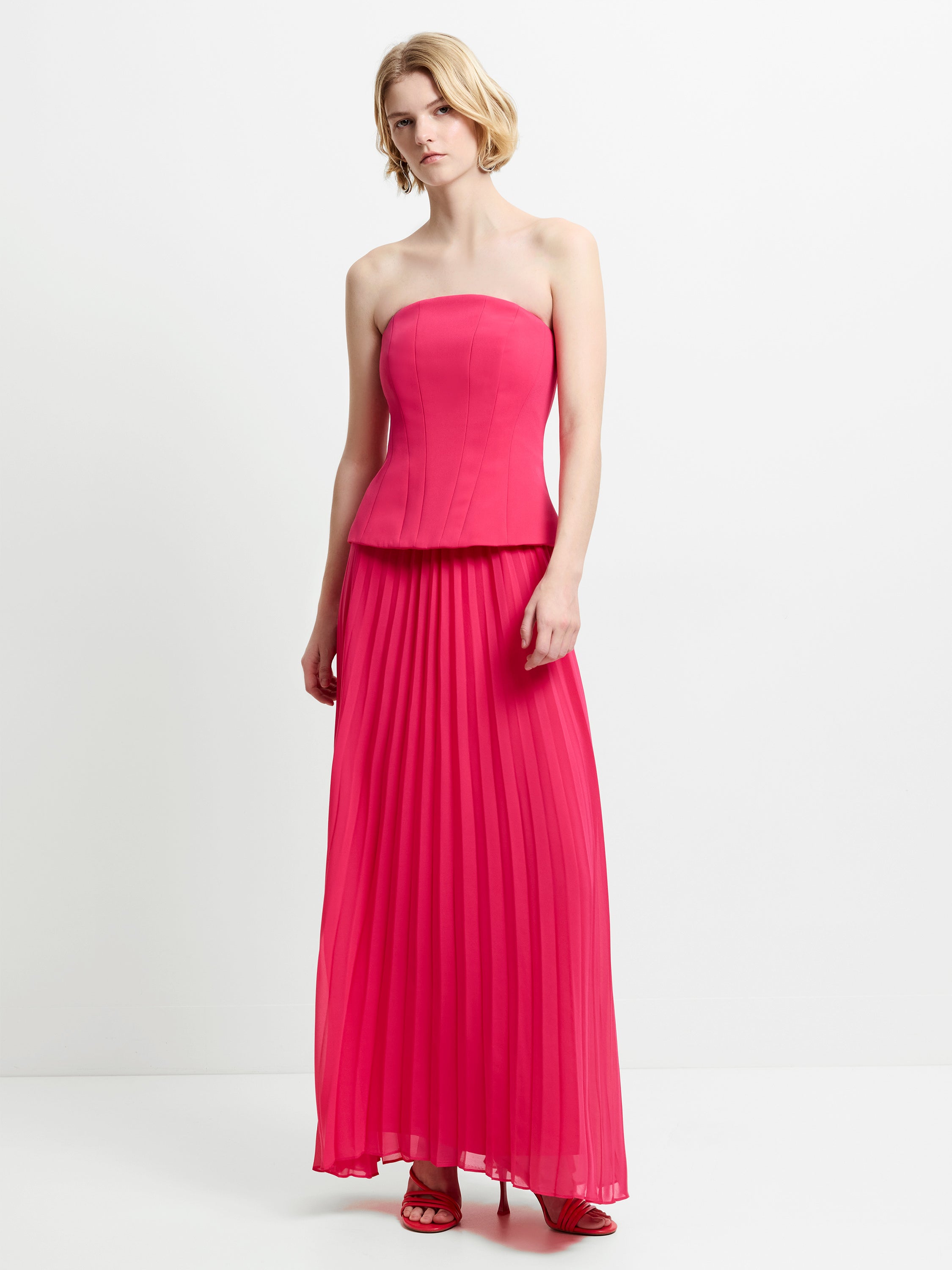 french connection pink maxi dress Tiana Corset Pleated Pink Maxi Dress Peony Pink