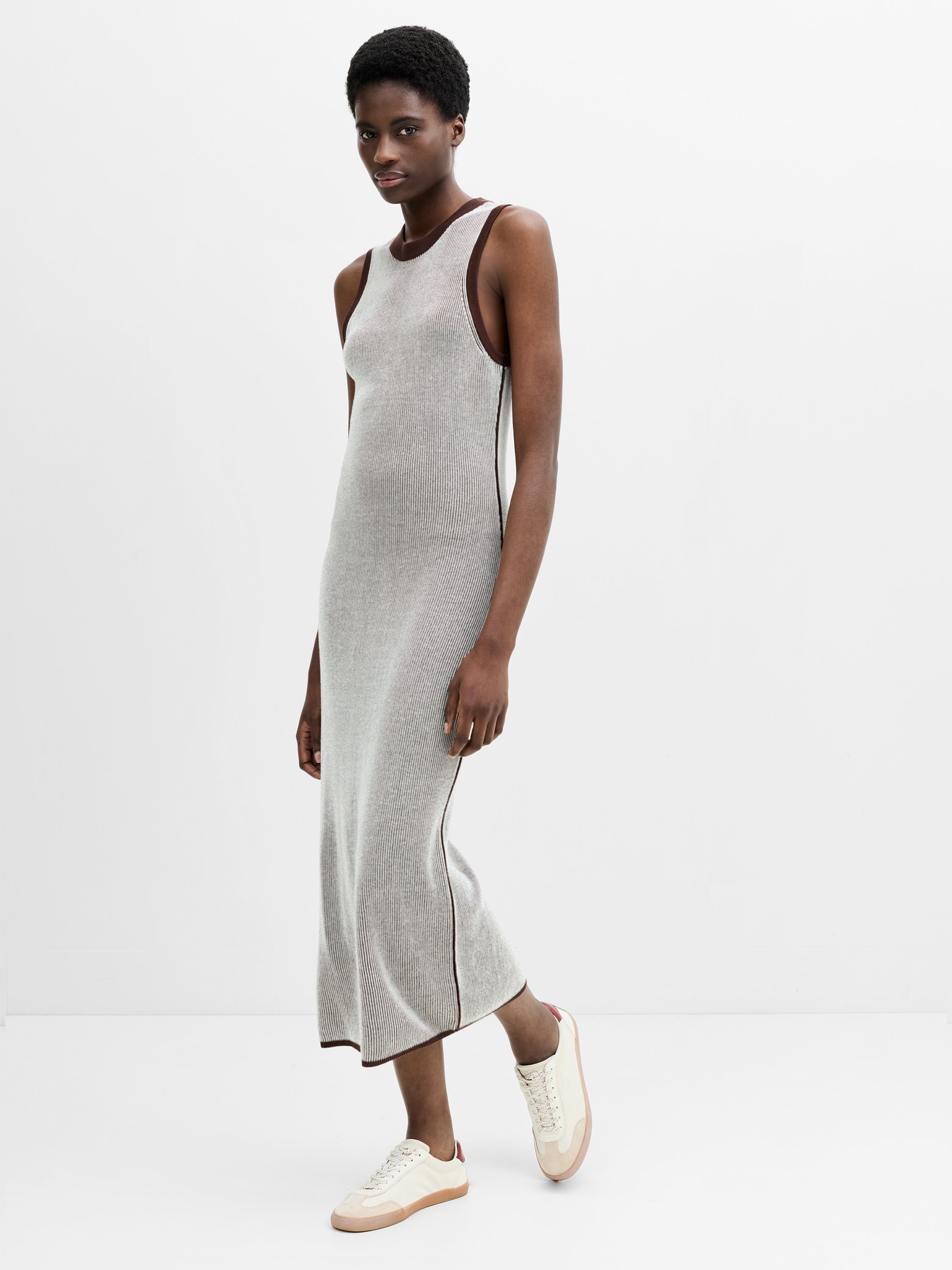 Naria Sleeveless Brown and Cream Striped Knit Midi Dress