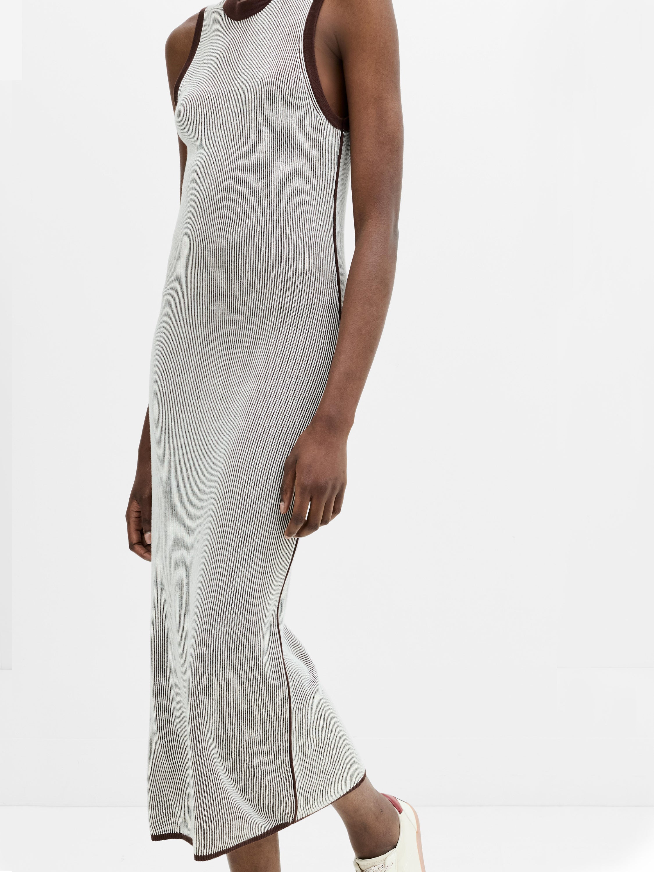 Naria Sleeveless Brown and Cream Striped Knit Midi Dress