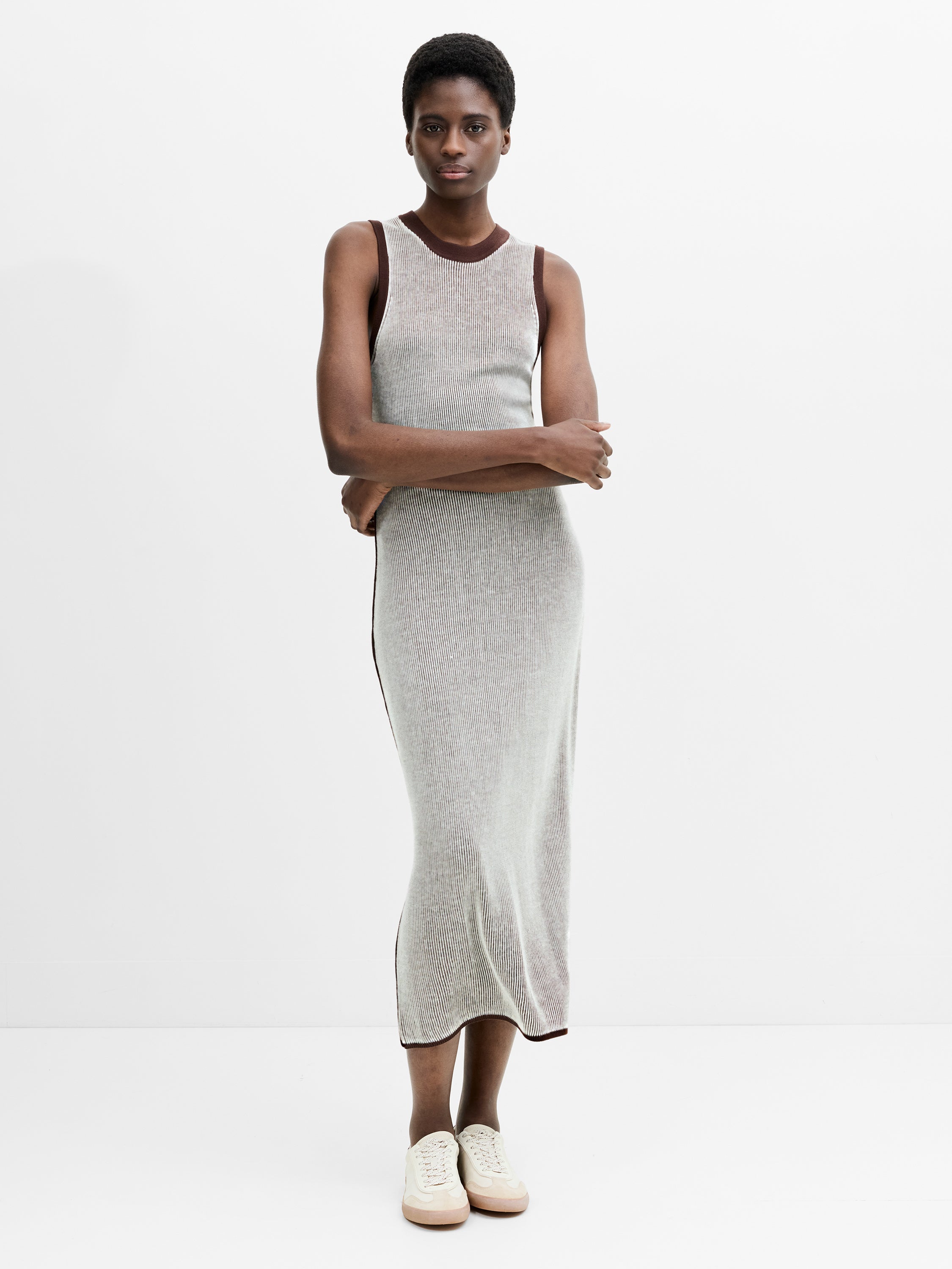 Naria Sleeveless Brown and Cream Striped Knit Midi Dress