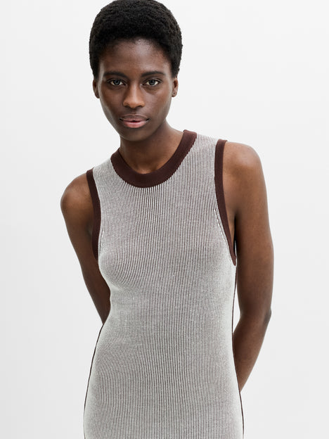 Naria Sleeveless Brown and Cream Striped Knit Midi Dress
