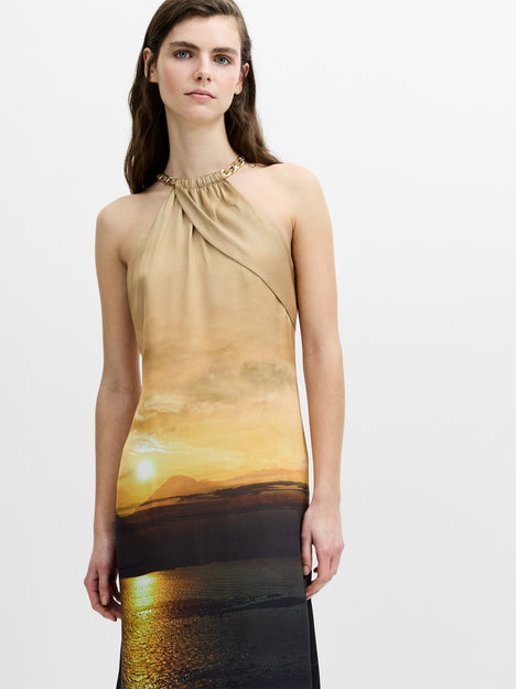 Sunset Eco Satin Chain Halterneck Maxi Dress