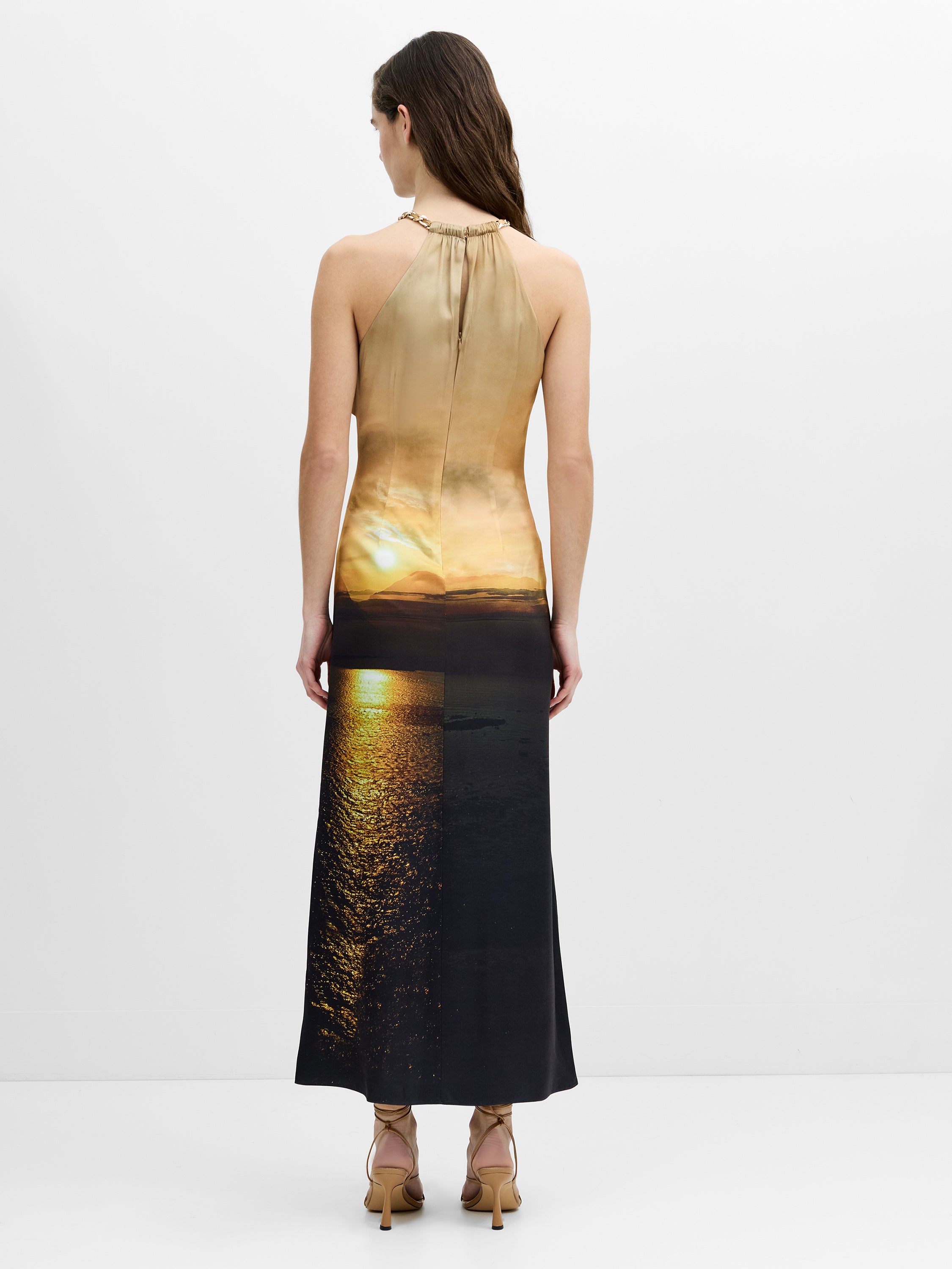Sunset Eco Satin Chain Halterneck Maxi Dress