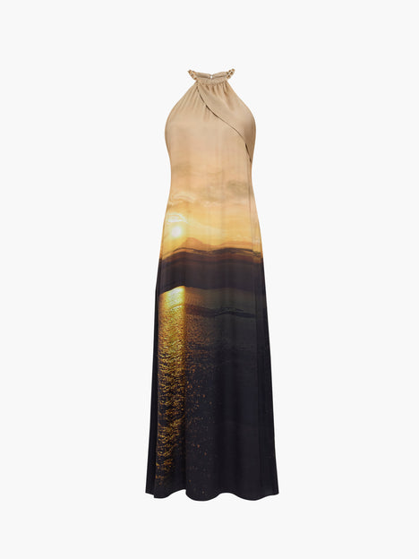 Sunset Eco Satin Chain Halterneck Maxi Dress