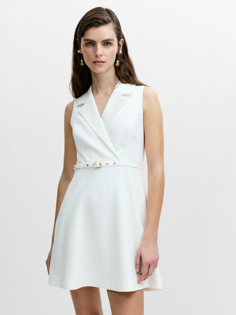 Azra Twill Belted Sleeveless White Mini Dress