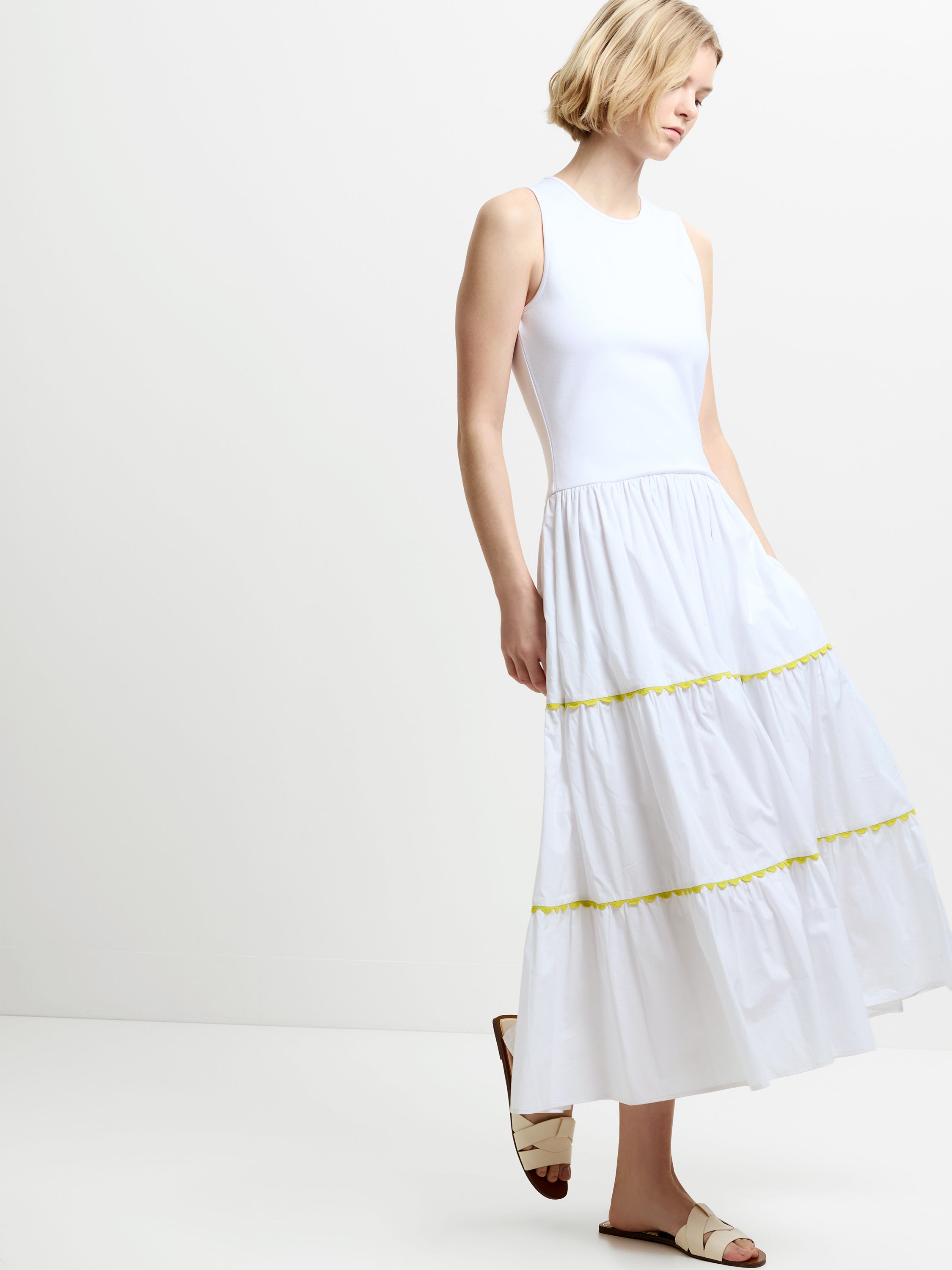 Kayle Mix Tiered Ric Rac White Midi Dress