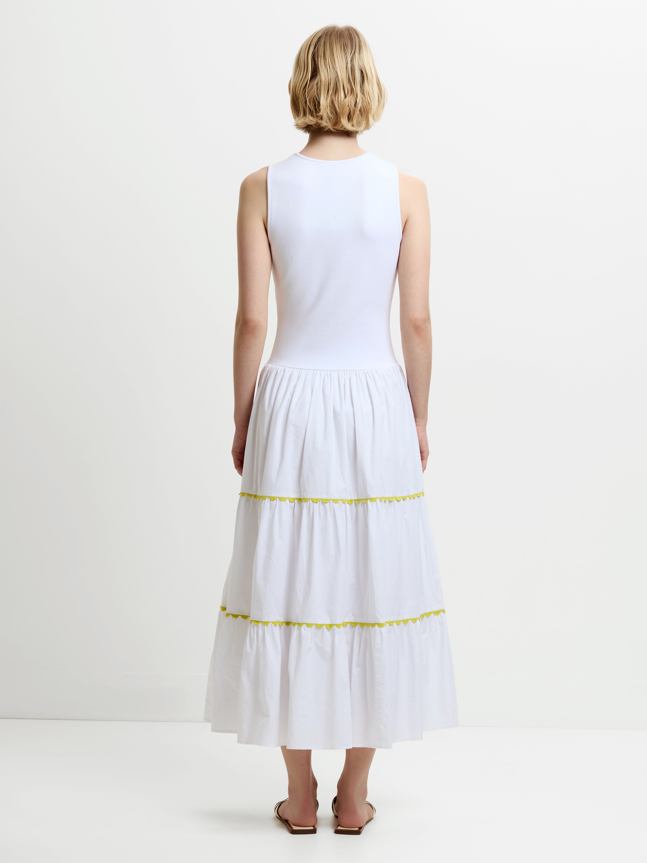 Kayle Mix Tiered Ric Rac White Midi Dress