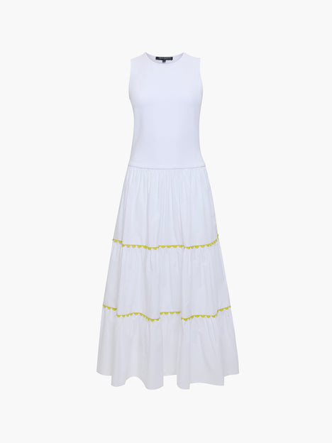 Kayle Mix Tiered Ric Rac White Midi Dress