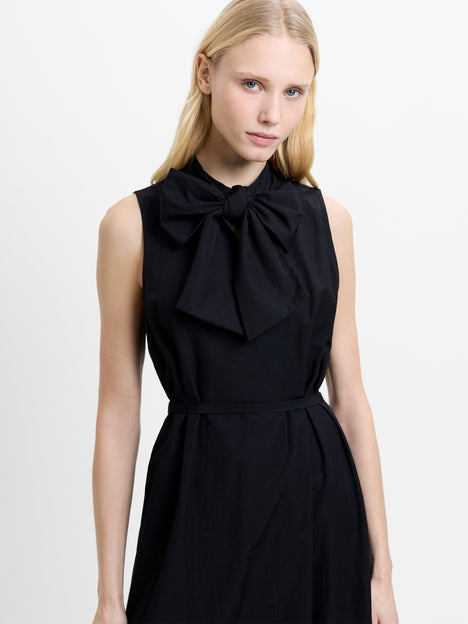 Era Poplin Sleeveless Godet Bow Black Midi Dress