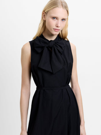 Era Poplin Sleeveless Godet Bow Black Midi Dress