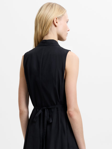 Era Poplin Sleeveless Godet Bow Black Midi Dress