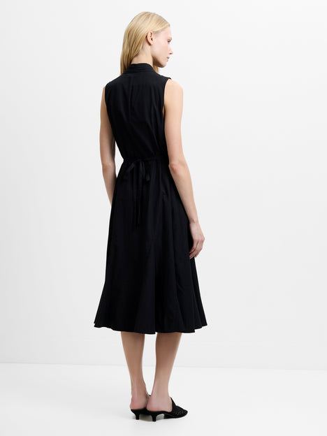 Era Poplin Sleeveless Godet Bow Black Midi Dress