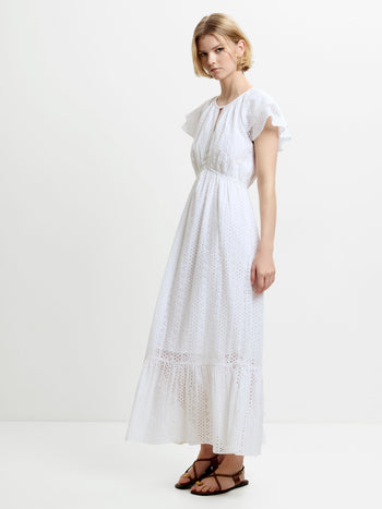 Bonnie Broderie Flutter Sleeve White Maxi Dress