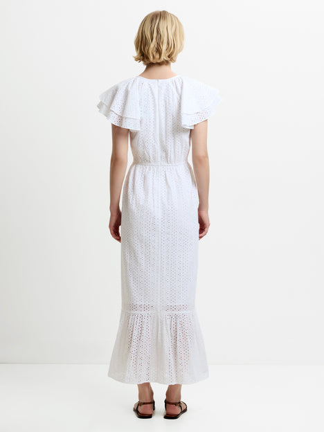 Bonnie Broderie Flutter Sleeve White Maxi Dress