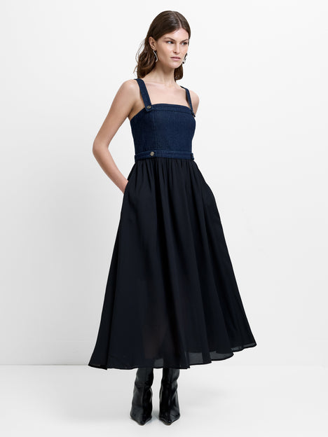 Leighton Denim Mix Square Neck Midi Dress