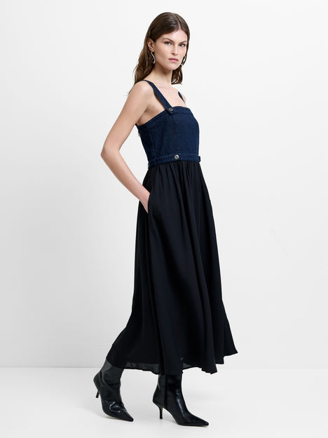 Woman wearing a strappy square neck two-tone midi dress 