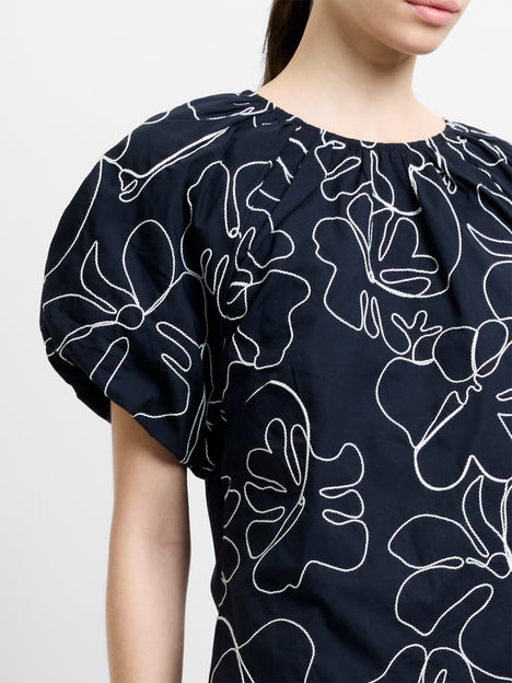 Floral Embroidered Puff Sleeve Black Mini Dress