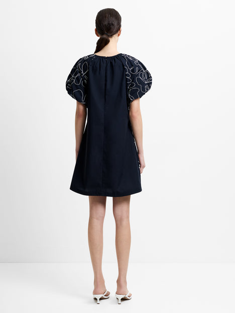 Floral Embroidered Puff Sleeve Black Mini Dress