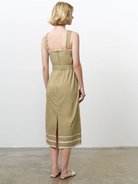 Cambria Cotton Sleeveless Green Ric Rac Midi Dress