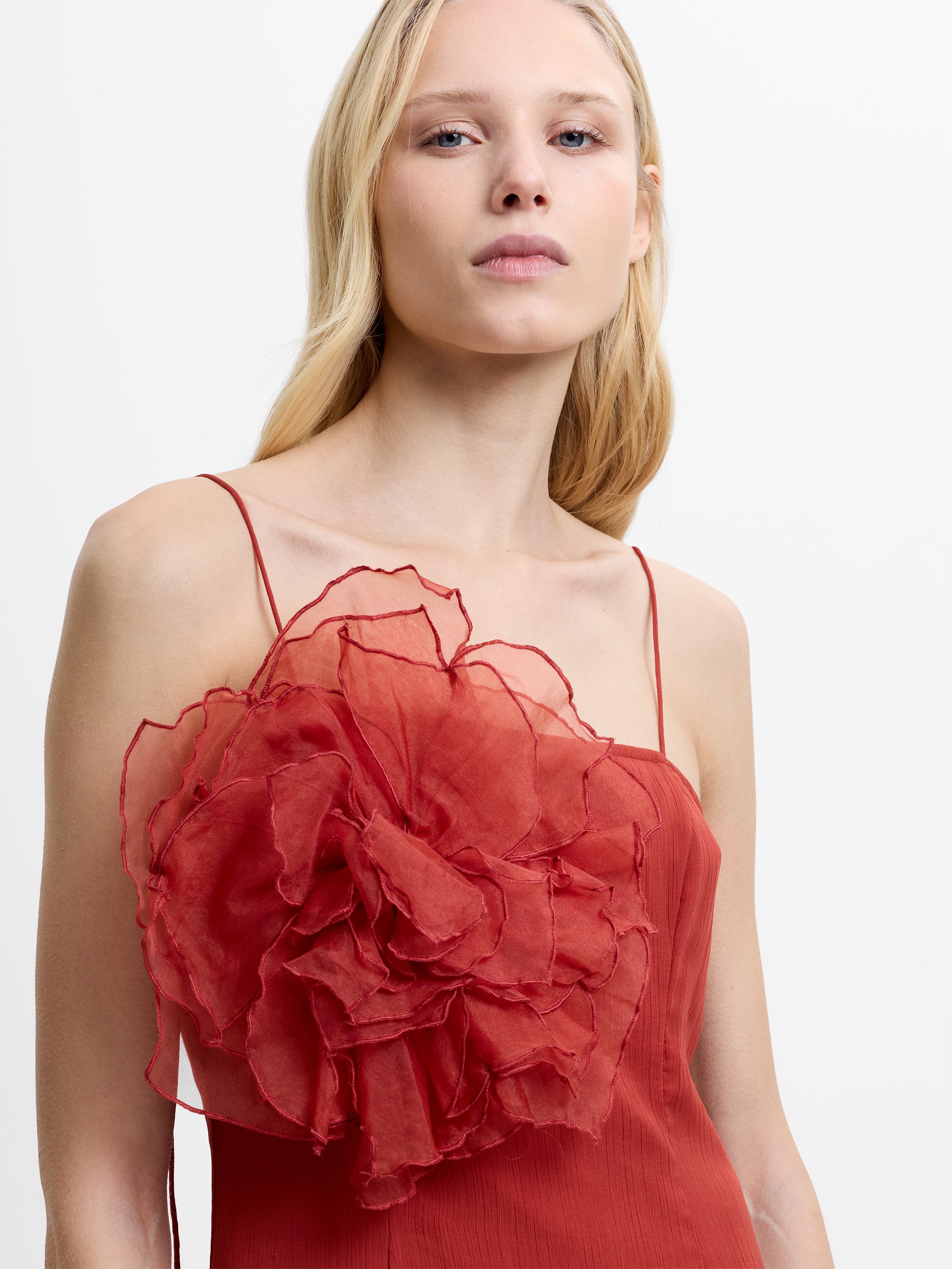Emina Chiffon 3D Floral Red Maxi Dress