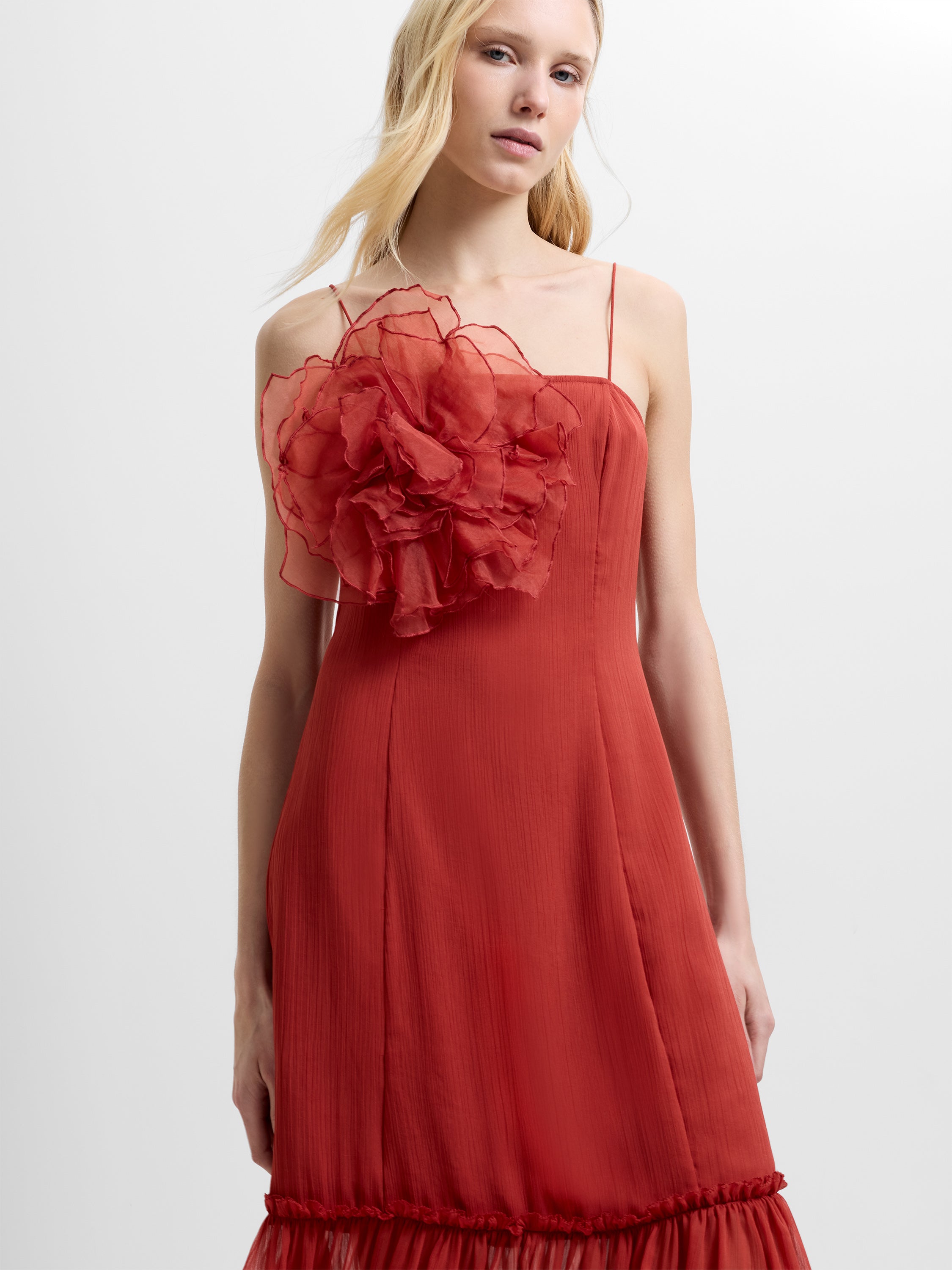 Emina Chiffon 3D Floral Red Maxi Dress