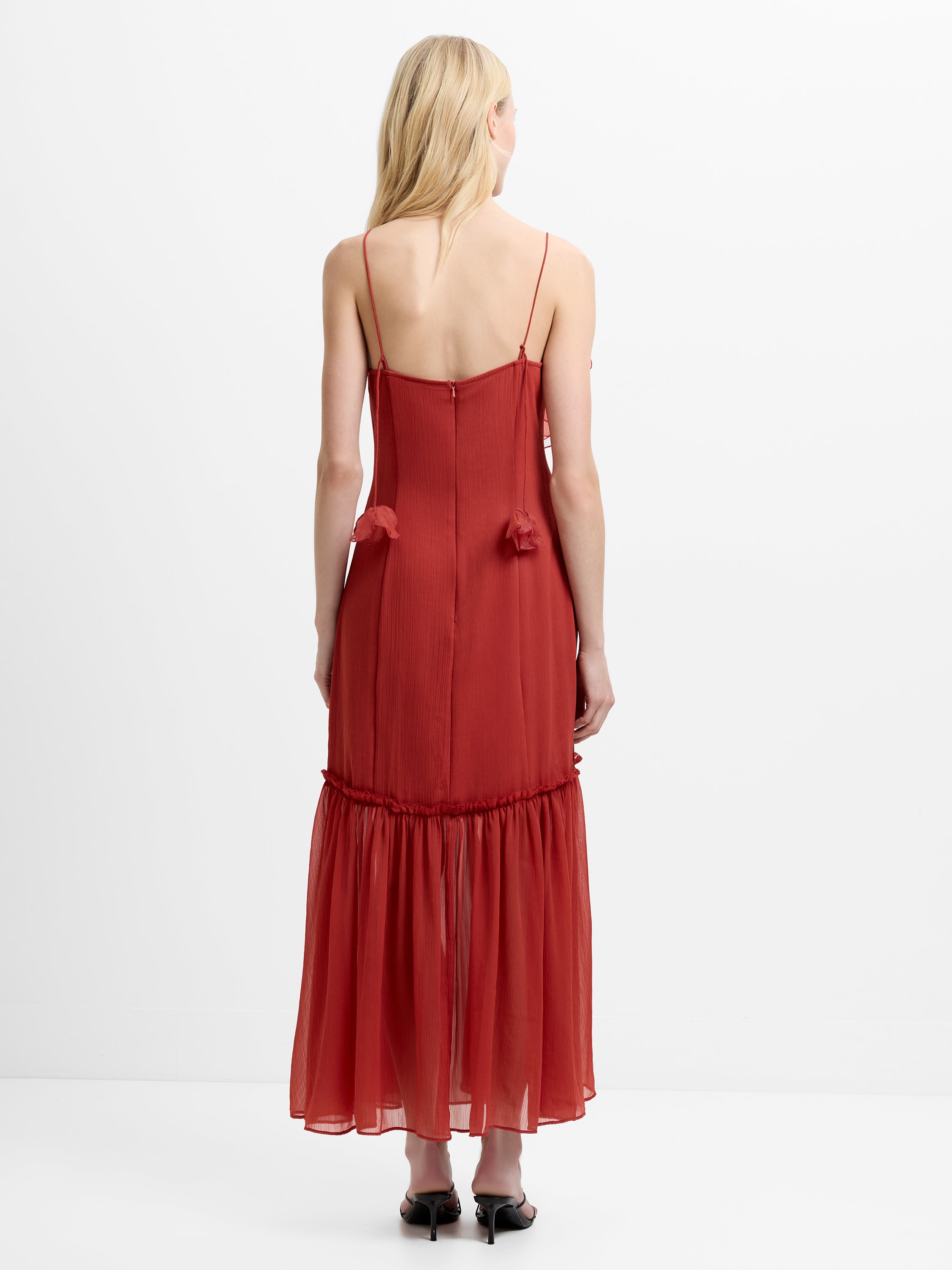 Emina Chiffon 3D Floral Red Maxi Dress