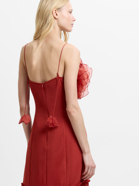 Emina Chiffon 3D Floral Red Maxi Dress