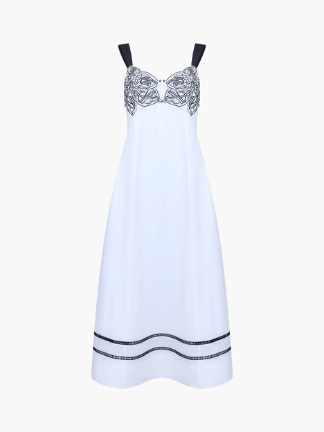 Cambria Cotton Embroidered Bust White Midi Dress