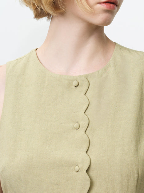 Linen Button-Through Scallop Green Mini Dress