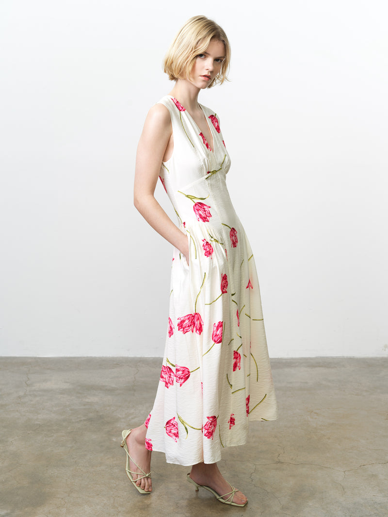 Cressida Faron Drape Midi Dress Ivory/Pink Multicoloured