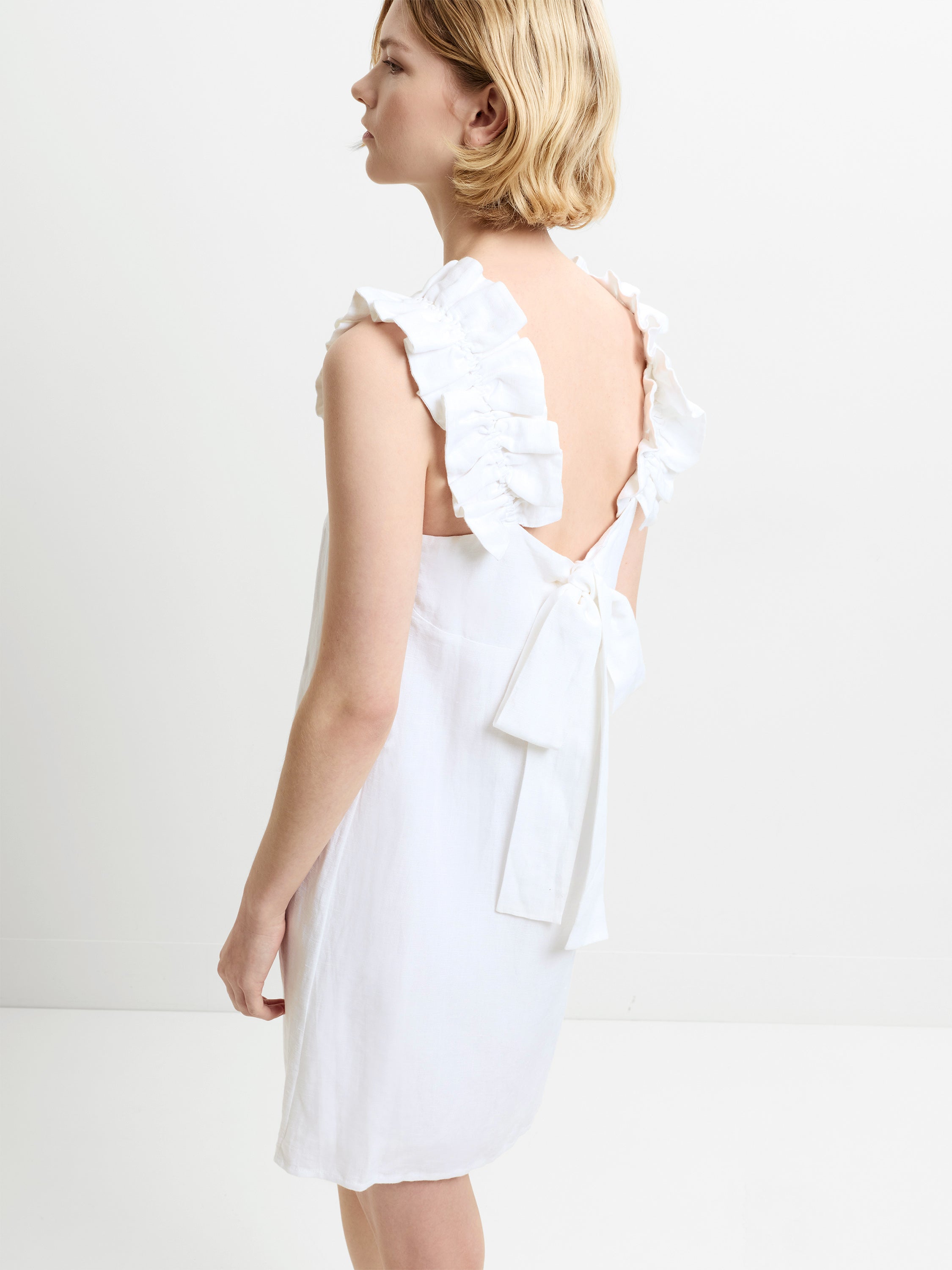 french connection white ruffle mini dress Birdie Linen Blend Ruffle Straps White Mini Dress
