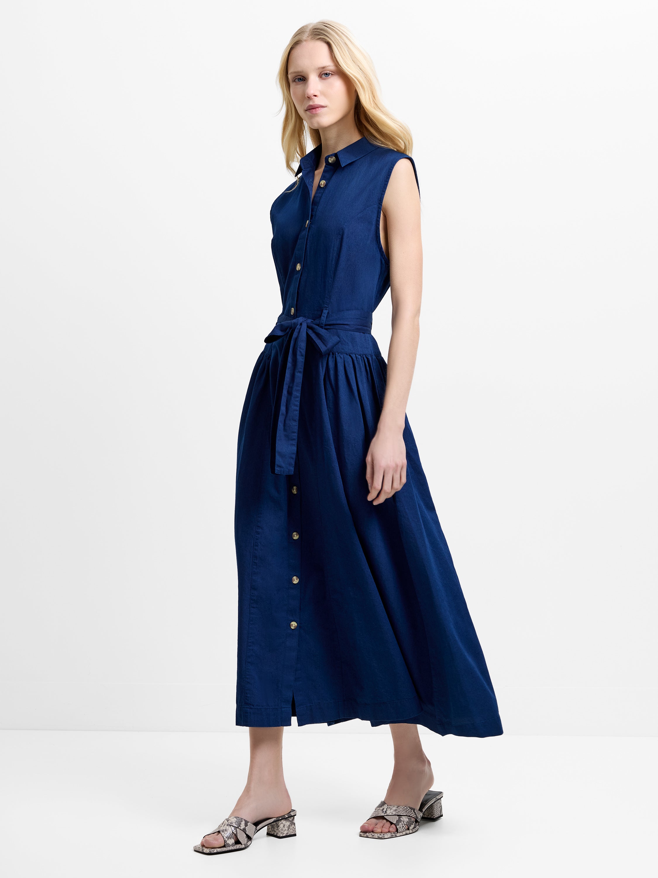 Zaves Chambray Denim Belted Midi Dress