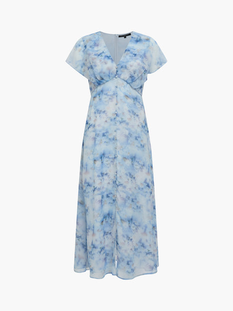 Daisy Flutter Sleeve Blue Floral Midi Dress