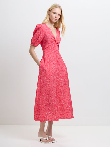 Melissa Floral Twist V Neck Pink Midi Dress