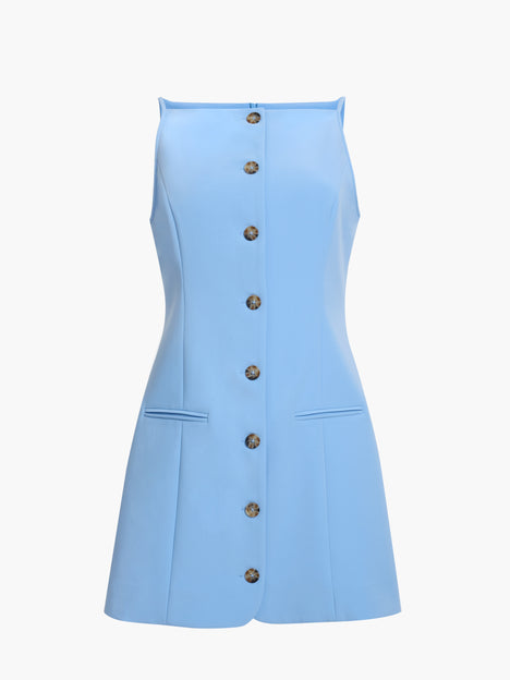 Azra Twill Sleeveless Faux Button Light Blue Mini Dress