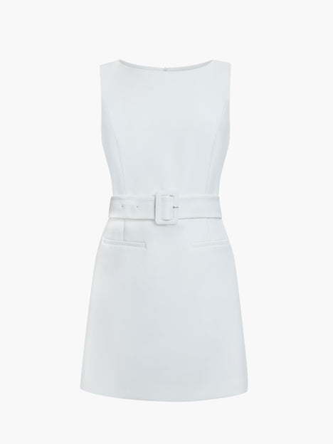 Azra Twill Tailored Belted White Mini Dress